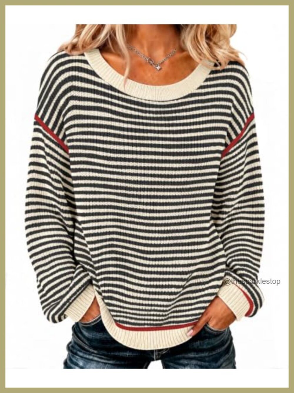 Womens Oversized Striped Knit Pullover Sweater Crew Neck Long Sleeve
